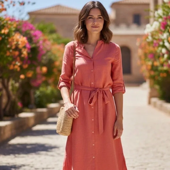 Loft Linen Blend Button Front Long Sleeve Tie Maxi Shirt Dress Coral‎ Size S - Picture 3 of 10